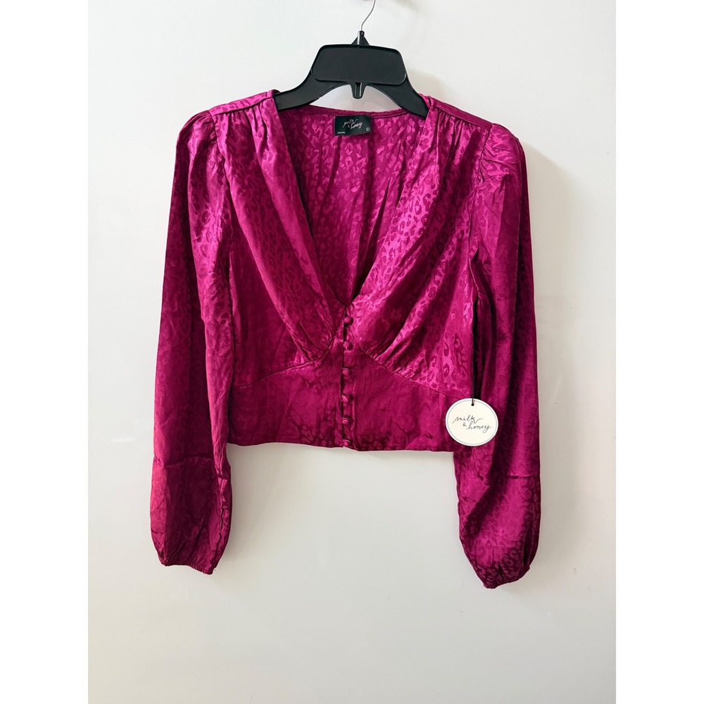 Milk & Honey Magenta Pink Leopard Satin Jacquard V-Neck Button Front Crop Top L